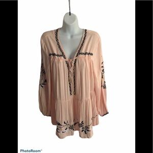 Venus BOHO Peasant Top Blouse Embroidered Size L Peach Lightweight Free Spirit